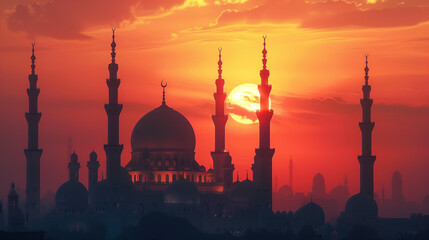 mosque with background of sunset - obrazy, fototapety, plakaty