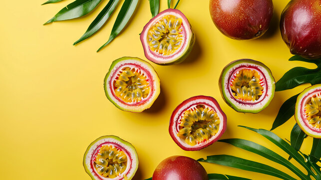 passion fruits on yellow background with copy space - AI Generated