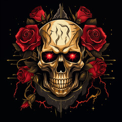 Skulls with roses flower isolation on the black background, Illustration.