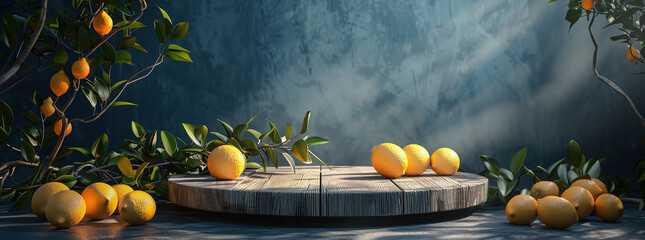  wooden pedestal in front of lemons and greens, in the style of dark azure, decorative backgrounds, dark orange and light azure, polished concrete, zbrush, light azure, rustic scenes  - obrazy, fototapety, plakaty
