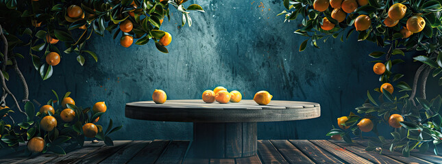  wooden pedestal in front of lemons and greens, in the style of dark azure, decorative backgrounds, dark orange and light azure, polished concrete, zbrush, light azure, rustic scenes 