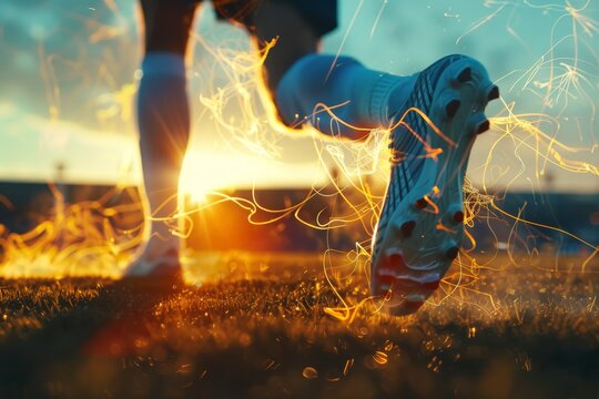 Close up legs of a soccer player ball on a stadium, shoe of football player in action with sunset