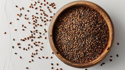 Delicious healthy dry wheat on a wooden bowl with a studio  white backdrop and big space for text or product, Generative AI.