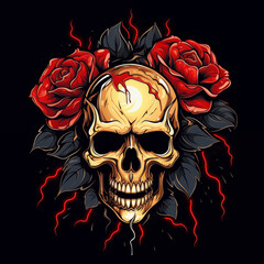 Skulls with roses flower isolation on the black background, Illustration.