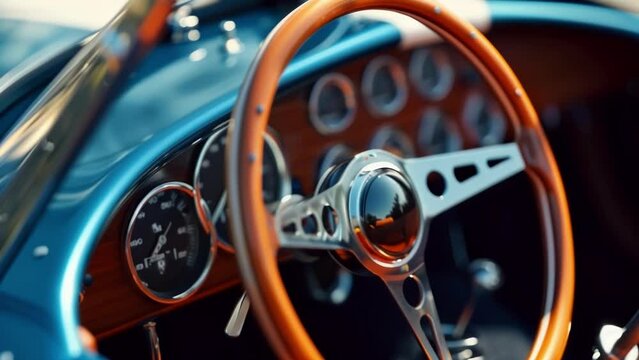 A closeup of a vintage sports cars steering wheel showing the intricate details of the retro design and a nitrous oxide on added for an extra boost.