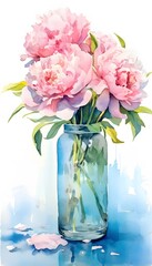 Beautiful Watercolor Painting of Pink Peonies in a Blue Vase