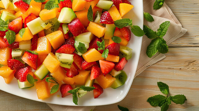 close up fruit salads in white platter a heap of summer fruits concept - AI Generated