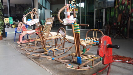 A display of childhood vintage antique wooden horse in Malaysia made with bamboo.