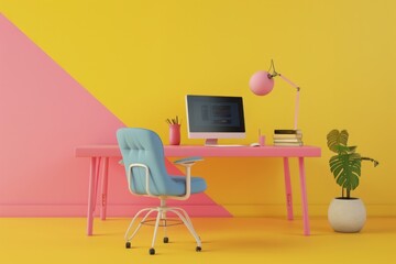 Colorful Freelancer Office with Computer, on isolated yellow background, Generative AI
