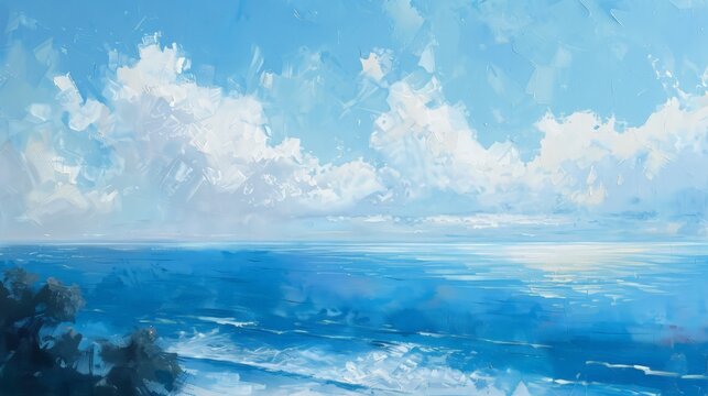 A painting depicting a vast blue ocean under a clear sky filled with white fluffy clouds. The scene captures the beauty and vastness of the ocean with the contrast of the bright clouds above.