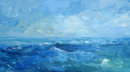 A painting featuring a vast blue ocean under a clear sky with fluffy white clouds scattered across the scene.
