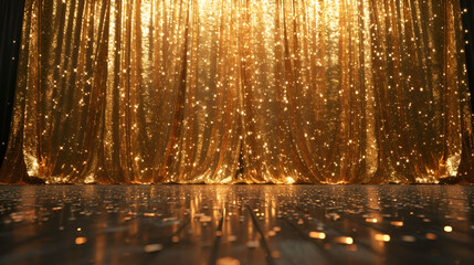 Glitter golden curtains reveal show grand opening stage. generative ai