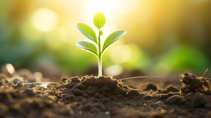 Plant seedlings with a sunlight background. Growing plant photo.