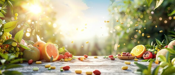 Fresh healthy summer fruits with a nature backdrop in a wooden surface a concept of multivitamin with a nature backdrop, Generative AI. - obrazy, fototapety, plakaty