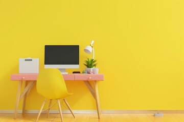 Colorful Teenager's Room with Computer Desk, on isolated yellow background, Generative AI