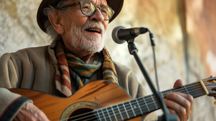 Elderly man joyfully playing guitar.