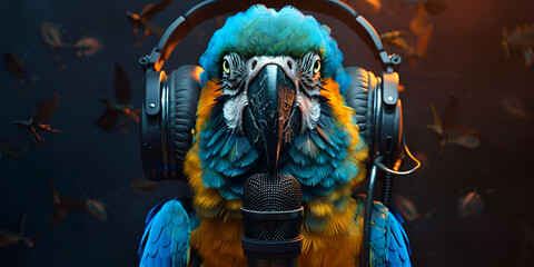 Closeup portrait of a macaw parrot wearing headphones on dark background 