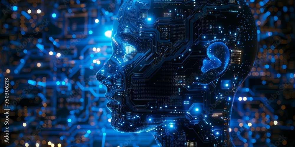 Poster a computer generated image of a human head with a blue background