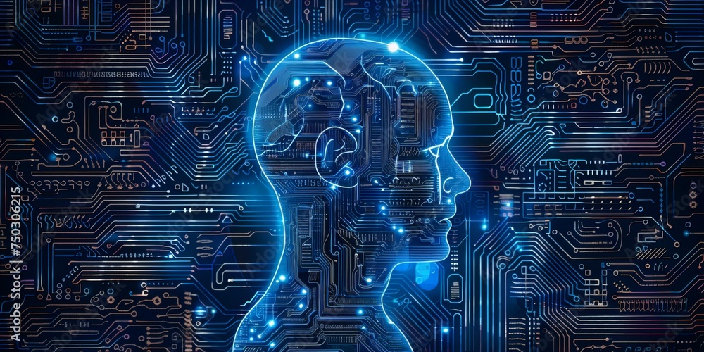 Poster a computer chip with a head on it