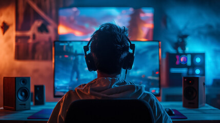 Gamer engrossed in an immersive setup.