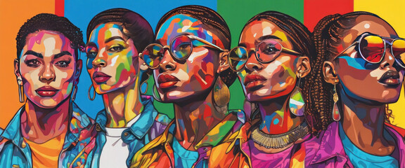 Pride day and the LGBT community are depicted by a colorful pop art picture that shows different people, backgrounds, and textures, and the beauty and faces of women.