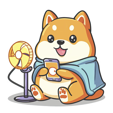  Shiba Inu Dog Playing Phone With Fan Blank, Isolated Transparent Background Images