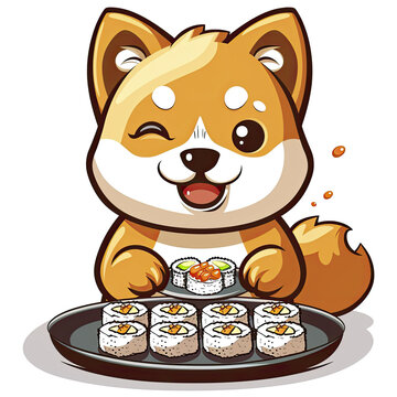  Shiba Inu Dog Eating Sushi Cartoon, Isolated Transparent Background Images