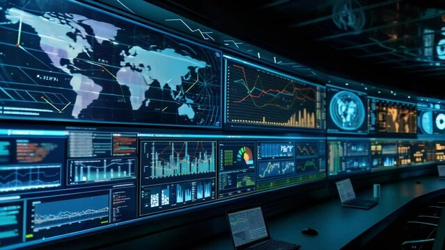 A series of large computer monitors mounted on a wall displaying intricate visualizations realtime alerts and 5Genhanced data streams all providing a comprehensive overview