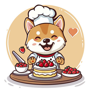  Shiba Inu Dog Chef Cooking Cake Cartoon, Isolated Transparent Background Images