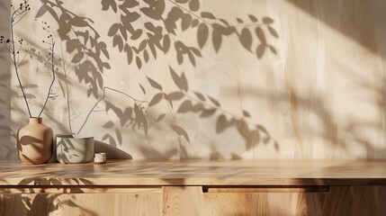 Minimalist Nordic Wooden Counter with Leaf Shadow Art for Elegant Displays