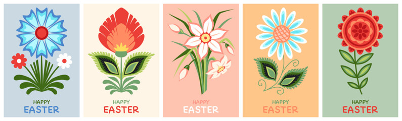 Happy Easter poster set with traditional ethnic pattern, folk ornament with flowers - obrazy, fototapety, plakaty