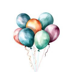 Colorful balloons; watercolor hand draw illustration, on white and transparent background