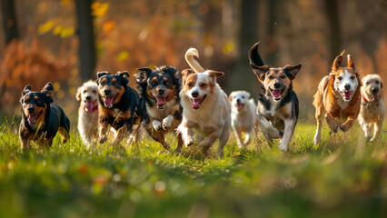 Group of happy dogs in various breeds running together on the field - obrazy, fototapety, plakaty