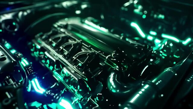 The camera zooms in on a sparkling silver engine block with shades of green radiating from the surrounding neon lights highlighting its mechanical beauty.