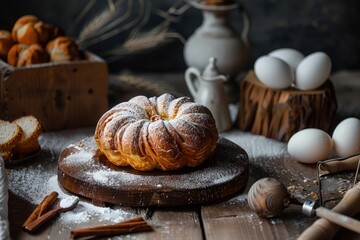 A loaf of bread sits on a wooden table, showcasing its rustic simplicity and readiness to be sliced and enjoyed.