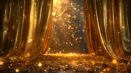 Glitter golden curtains reveal show grand opening stage. generative ai