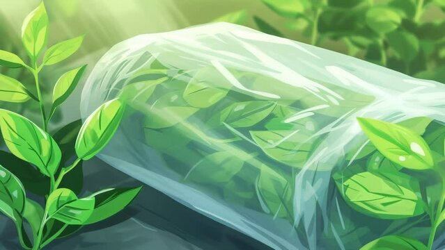 A detailed shot of a biodegradable plastic wrap being stretched and wrapped around a package promoting its ecofriendly composition.