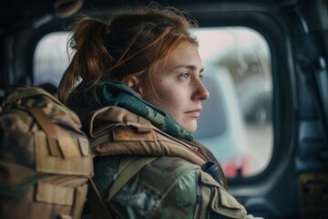 Courageous female soldier returning home from the army. Waiting to be home in a car.