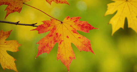 Naklejka na ściany i meble Nature's Transition Vibrant Red Maple Leaf Amidst Falling Foliage