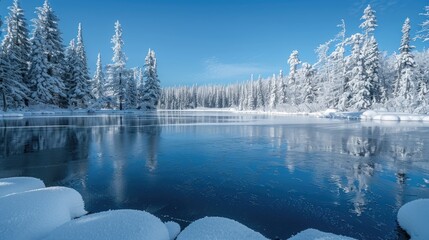 Snow-covered trees stand silently around a frozen lake, their white branches mirrored in the ice below. The stillness of the winter scene evokes a sense of peaceful solitude