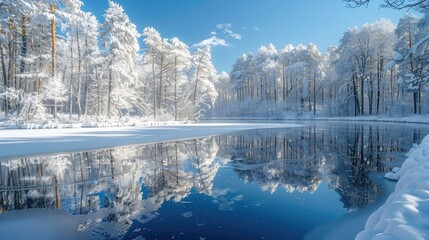 Fototapeta premium Snow-covered trees stand silently around a frozen lake, their white branches mirrored in the ice below. The stillness of the winter scene evokes a sense of peaceful solitude