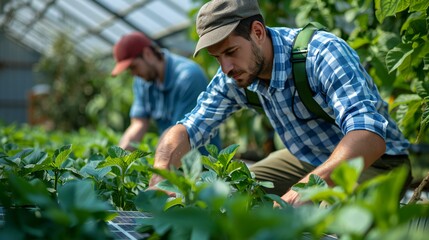 Two men are working in a greenhouse, tending to plants