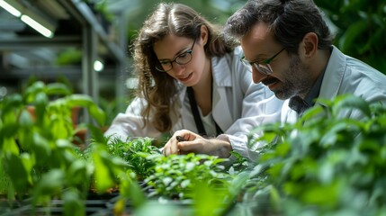 Two people are looking at plants in a greenhouse