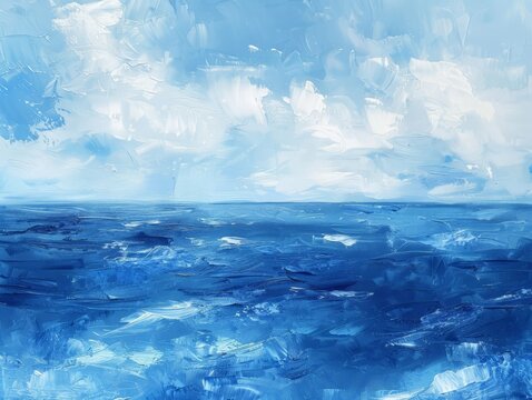 A painting depicting a vast blue ocean under a clear sky with fluffy white clouds, capturing a serene seascape.