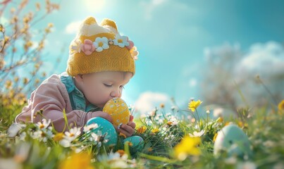
Photography of A kid boy kiss Colorful Easter eggs decorated with flowers and mini cute bunny in the grass on blue sky background with solid stark white focused lighting, happy condition, best stock 
