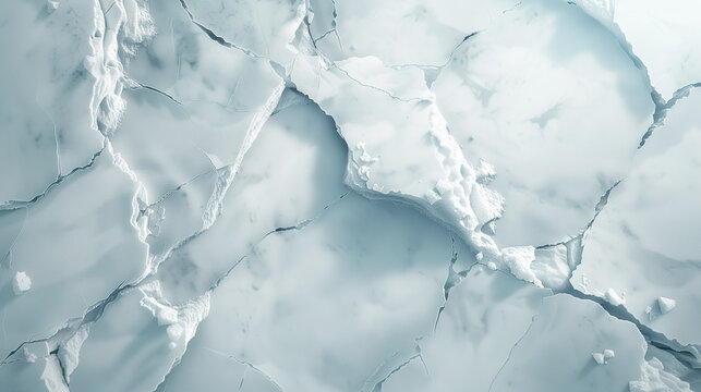 Detailed texture background of thin clear ice surface with blue icy cracks