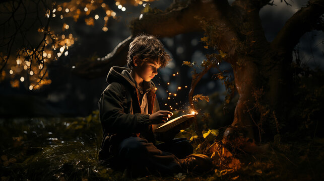 a boy reading a book at the tree under the moon photograph