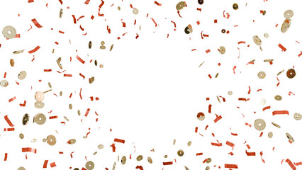 Bountiful Blessings: A 3D celebration unfolds as golden ingots, coins, and confetti shower down, representing prosperity, fortune, and victorious moments in Asian culture