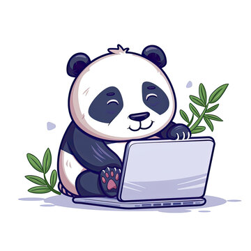 Panda Playing Laptop Cartoon  , Isolated Transparent Background Images