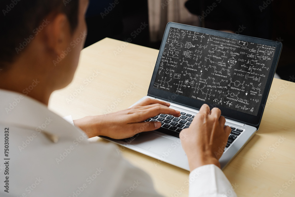 Poster mathematic equations and modish formula on computer screen showing concept of science and education